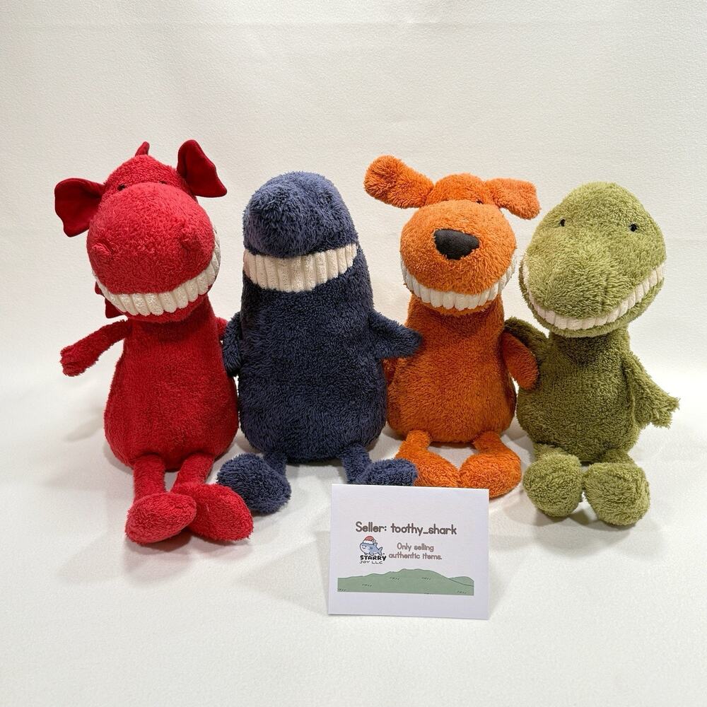 Jellycat Toothy Bundle (4): Dragon, Shark, Mutt / Dog, Dinosaur - Good Used